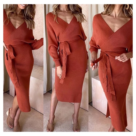 5 🌟Celeste Belted Knit Midi Dress in Spice - Picture 3 of 4